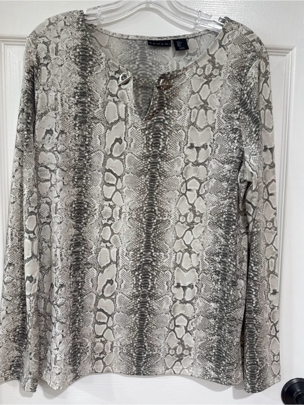 Tahari Women's L Long Sleeve Top Neutral Python Silver Accent Chic Elegant